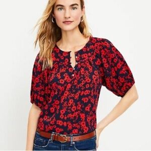 LOFT Floral Round Yoke Puff Sleeve Blouse